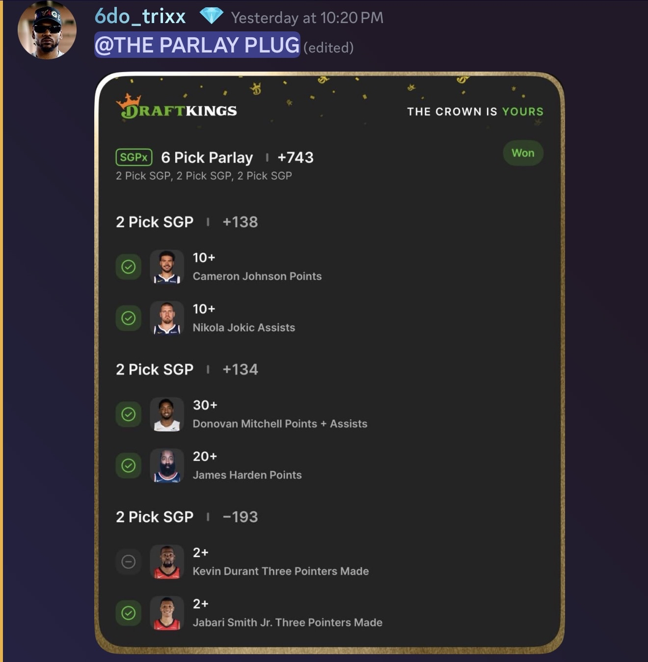 6do_trixx: DraftKings 6-pick parlay +743 cashed
