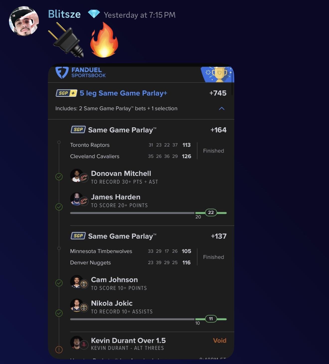 Blitsze: FanDuel 5-leg Same Game Parlay+ +745 cashed