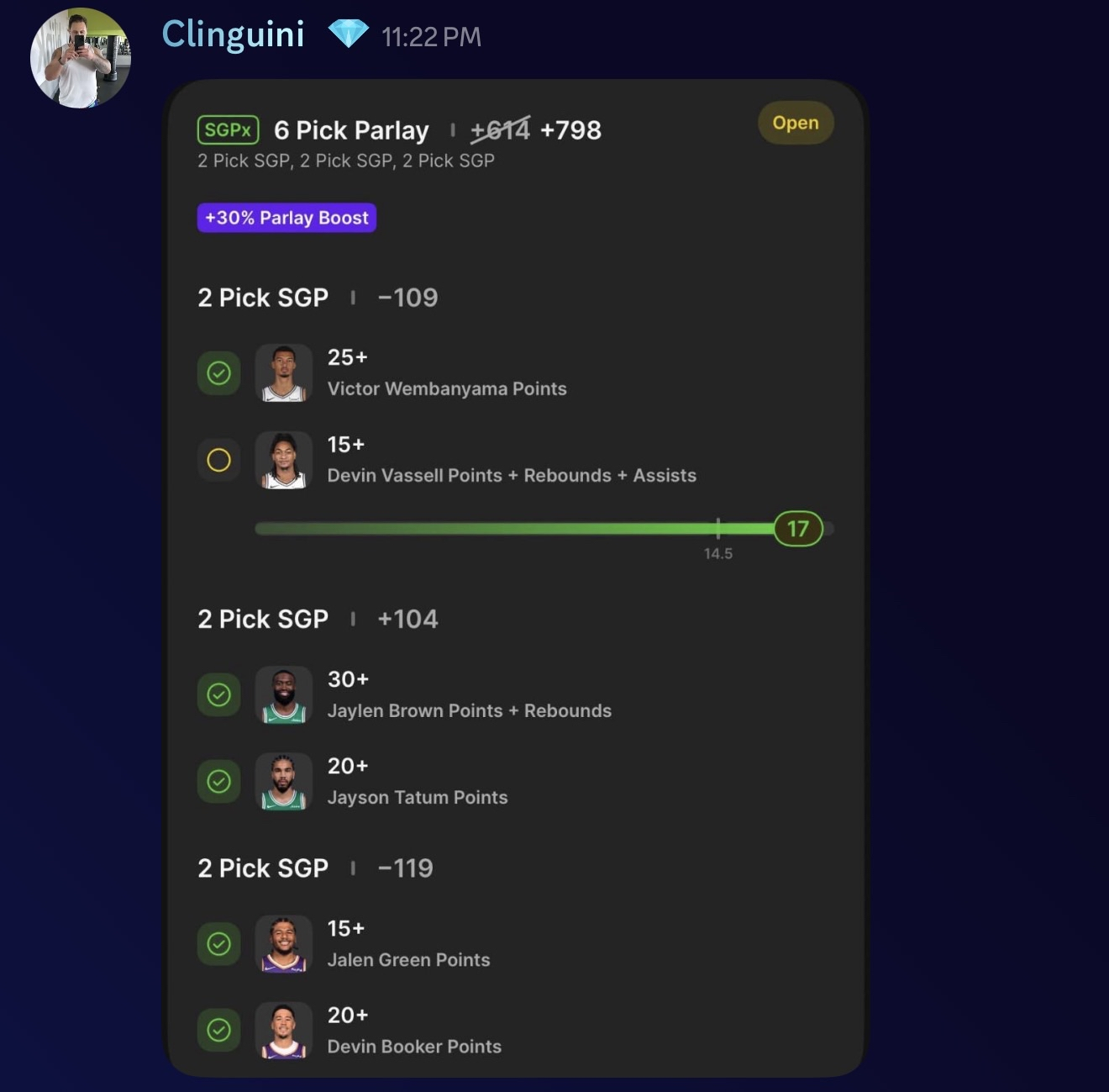 Clinguini DraftKings 6-pick SGPx cashed +798 boosted