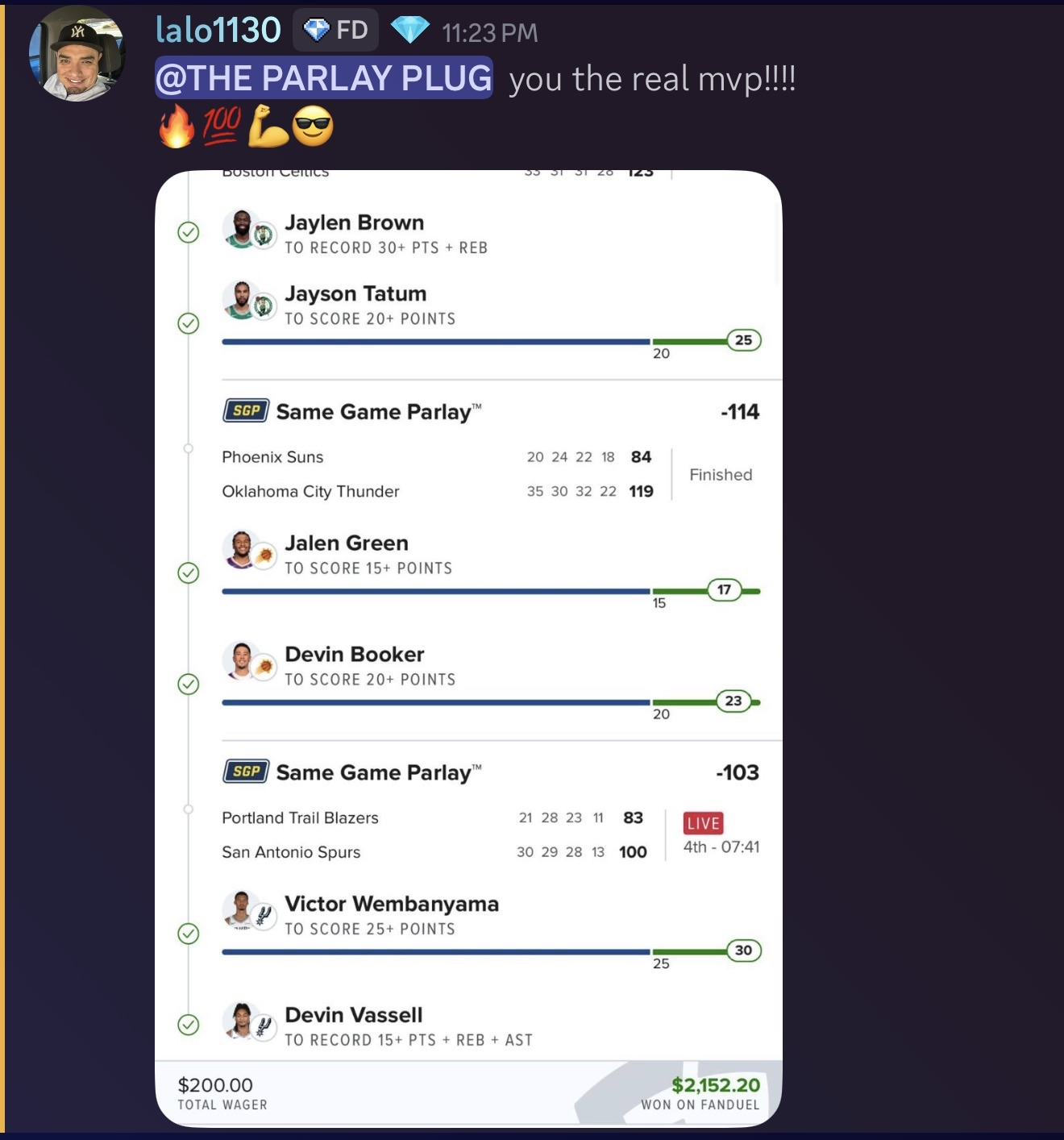 lalo1130 8-leg NBA SGP+ cashed, $200 wager won $2,152.20