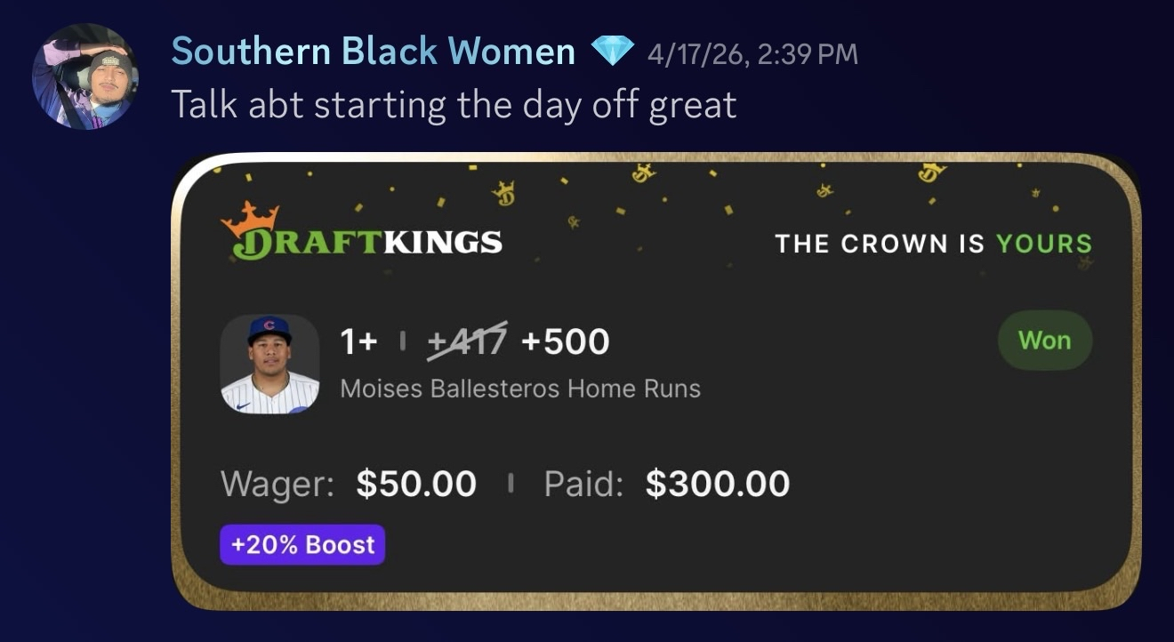 Southern Black Women: Moises Ballesteros to hit a home run +500 with 20% boost, $50 wager won $300