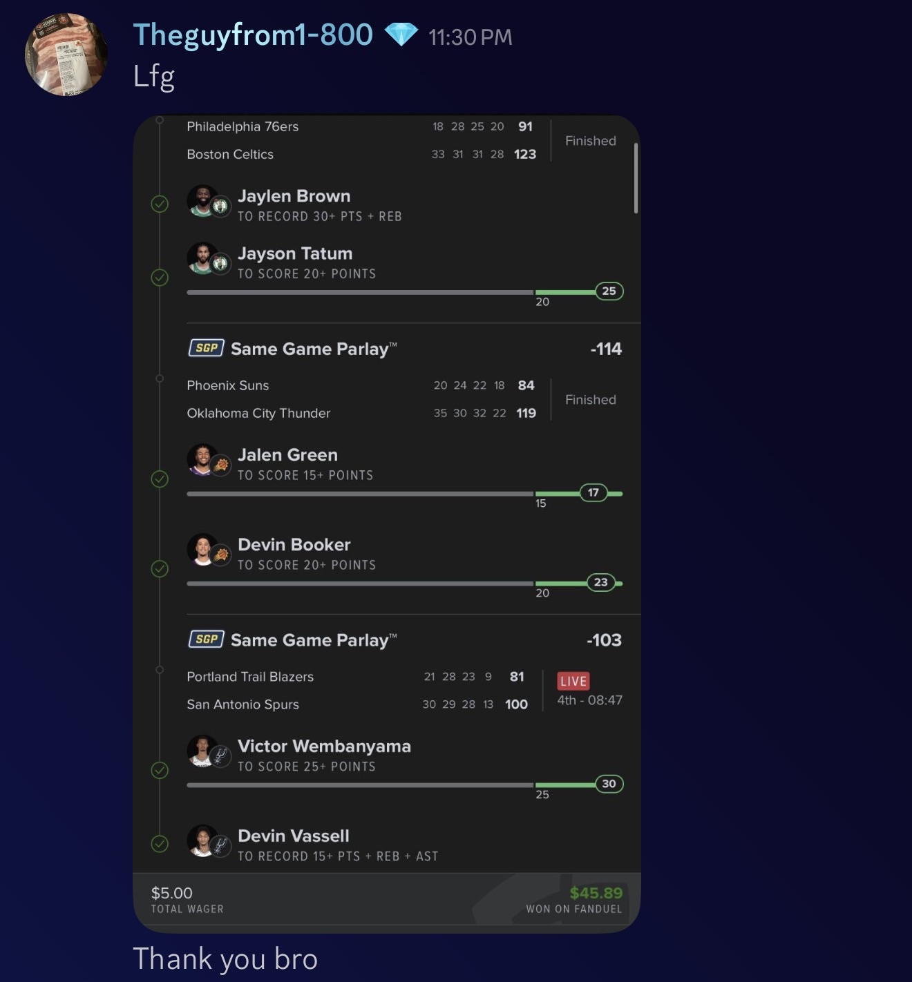 Theguyfrom1-800 8-leg NBA SGP+ cashed, $5 wager won $45.89