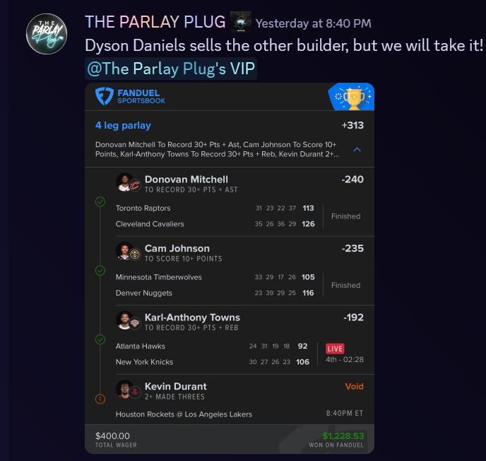 The Parlay Plug VIP: 4-leg NBA parlay, $400 wager won $1,228.53